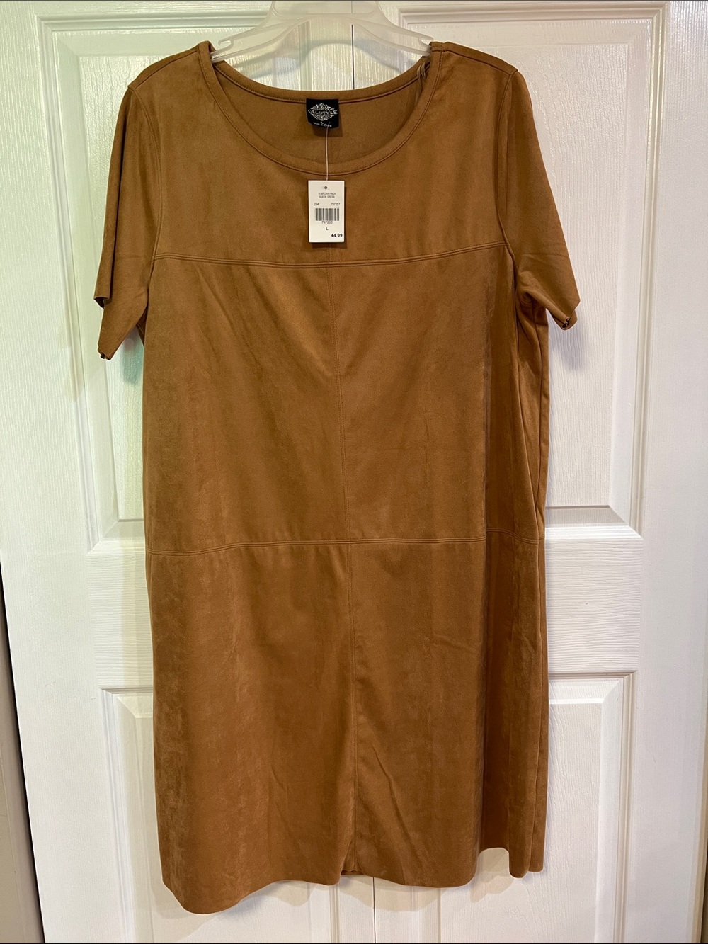 Faux Suede-Look Short Sleeve Shift Dress in Brown NWT